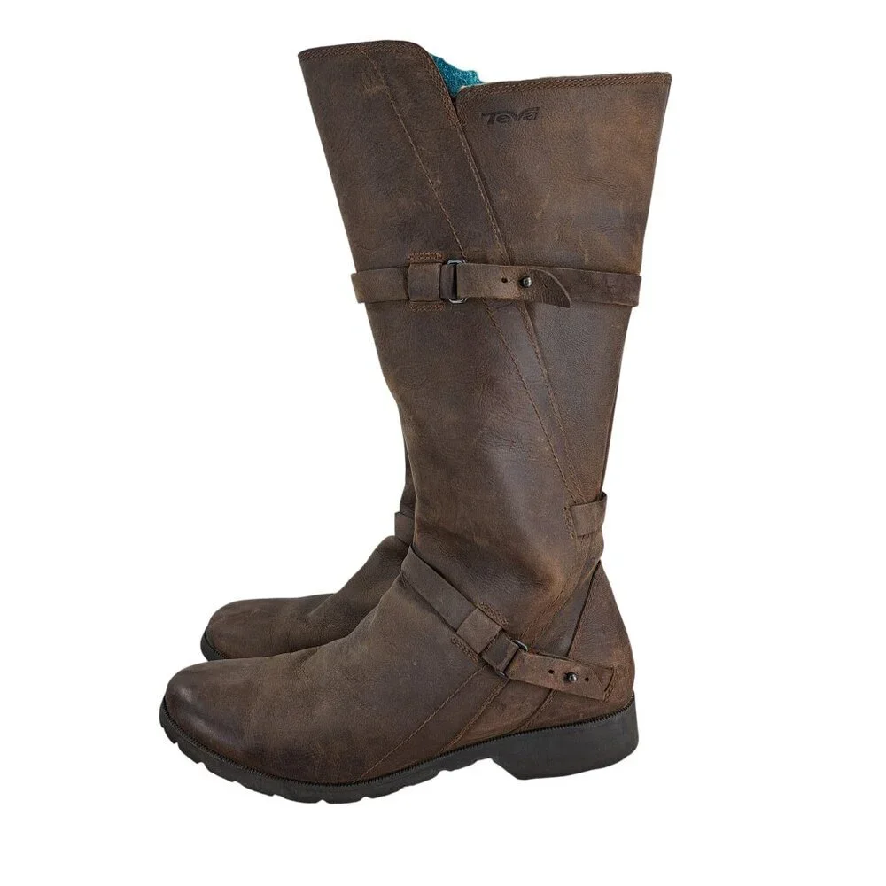 Teva De La Vina Brown Leather Tall Riding Boots Size 8 Distressed Waterproof